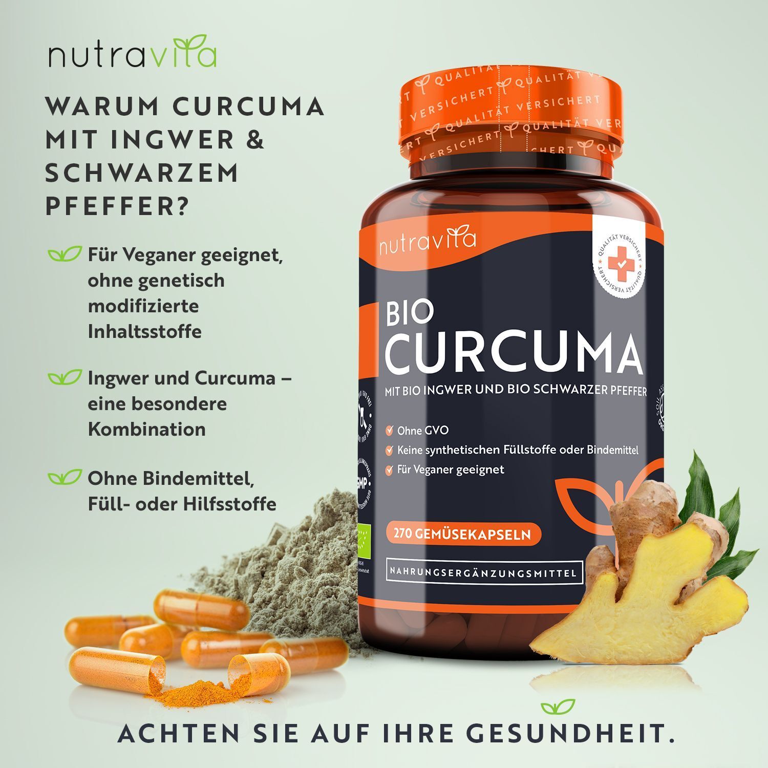 Eine Flasche BIO CURCUMA Kapseln neben Ingwer und schwarzem Pfeffer. Gelbe Kapseln und Pulver. Text: Für Veganer geeignet, ohne GVO.