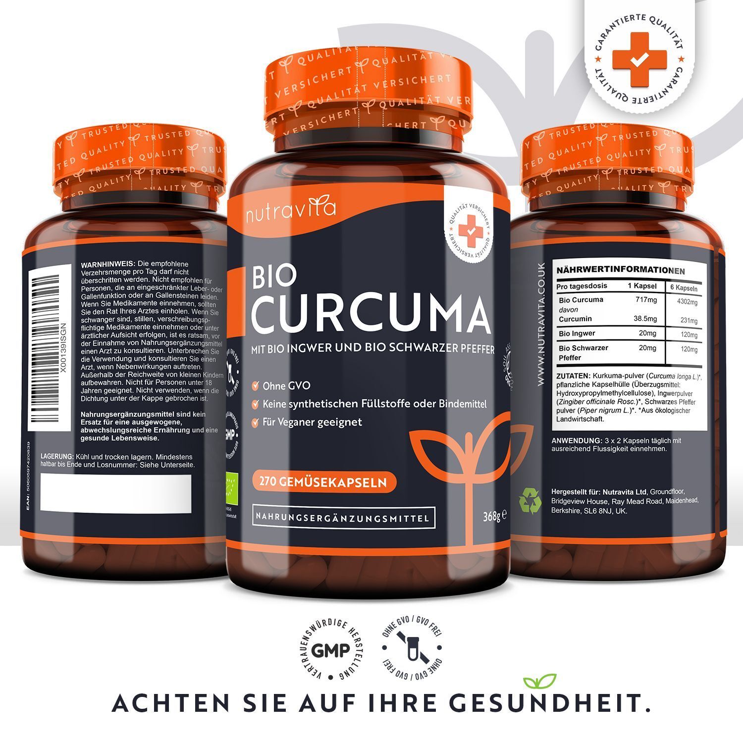 Drei Flaschen BIO CURCUMA Kapseln. Braune Flaschen mit orangefarbenem Deckel. Aufschrift: BIO CURCUMA, Ingwer, schwarzer Pfeffer. 270 Gemüsekapseln.
