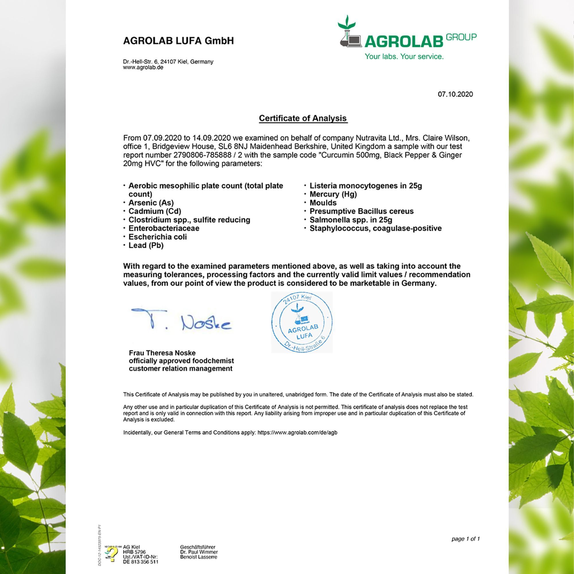 Zertifikat von Agrolab LUFA GmbH. Text: Analyse von Curcuma 500mg, Black Pepper & Ginger 50mg HVC. Unterschrift: Frau Theresa Noske.