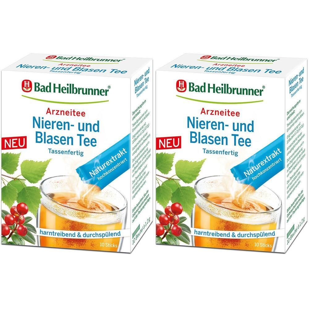 Zwei Schachteln Bad Heilbrunner Nieren- und Blasen Tee, mit Darstellungen von Blättern und Beeren.