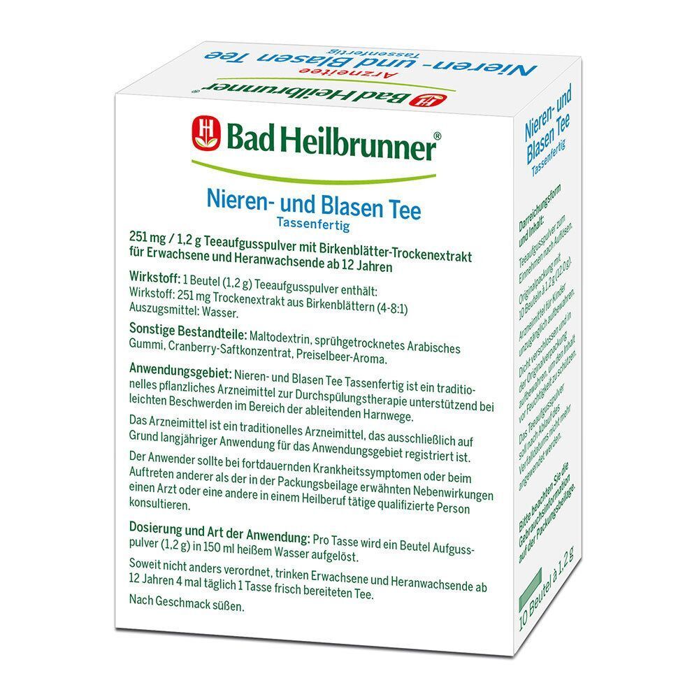 Rückseite einer Schachtel Bad Heilbrunner Nieren- und Blasen Tee mit Anwendungsinformationen.