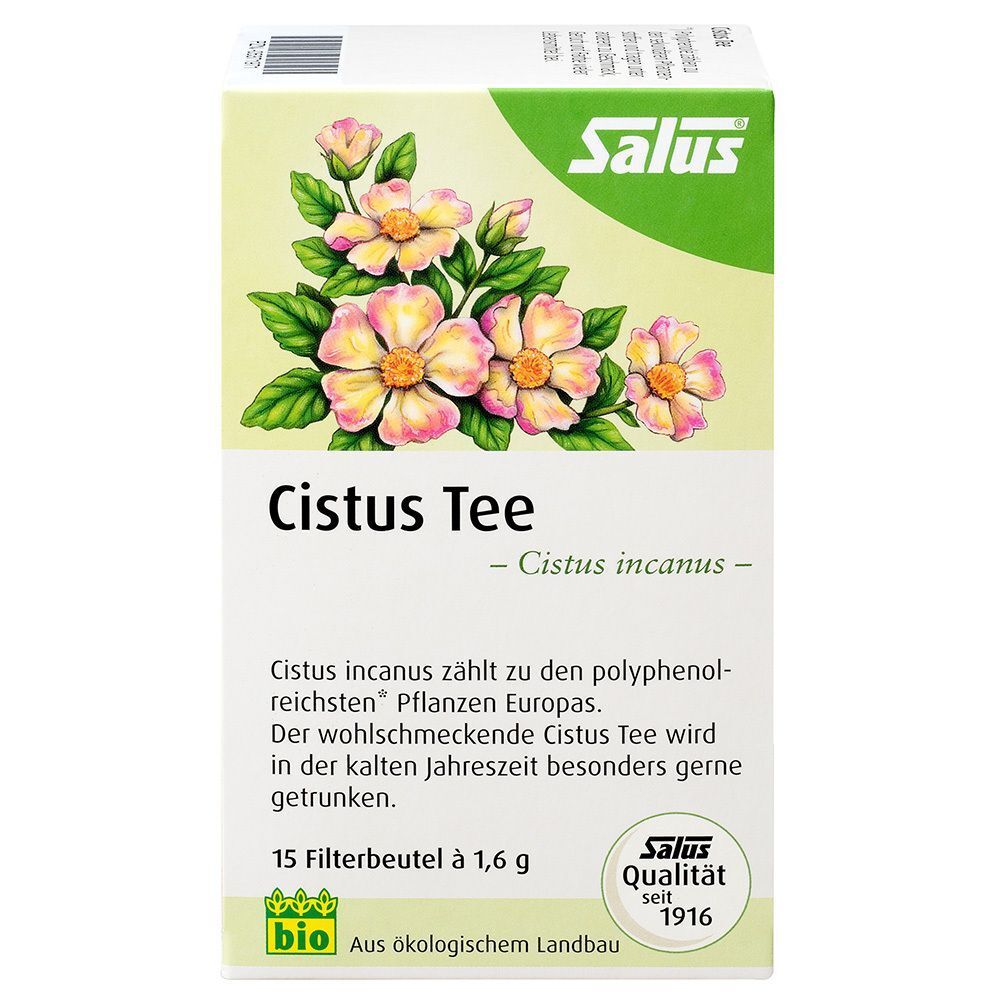 Vorderseite einer Packung Salus Cistus Tee mit Blütenmotiv, 15 Filterbeutel à 1,6 g, Bio-Siegel.