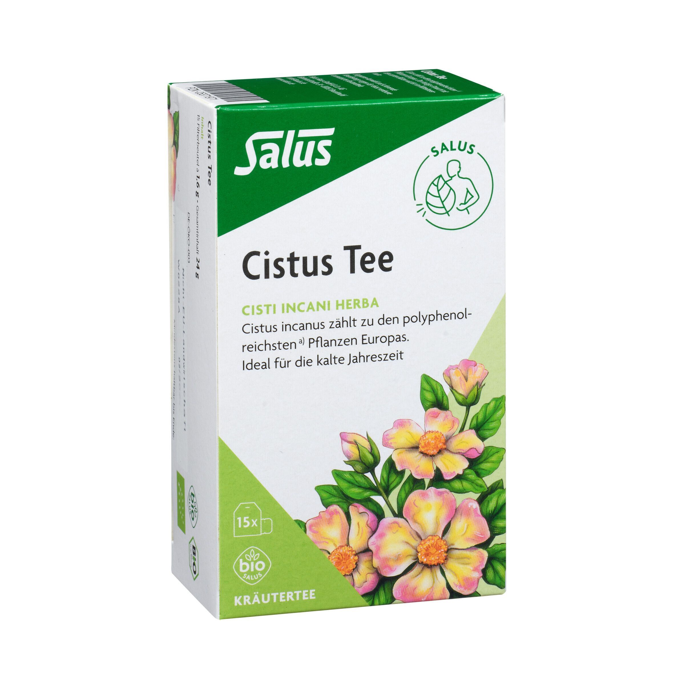 Vorderseite einer Packung Salus Cistus Tee mit Blütenmotiv, 15 Filterbeutel à 1,6 g, Bio-Siegel.