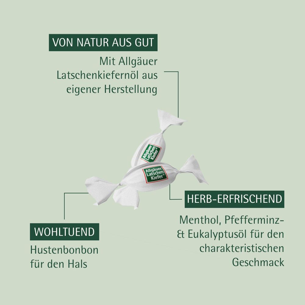 Zwei weiße Bonbons. Text: Von Natur aus gut. Mit Allgäuer Latschenkiefernöl. Herb-erfrischend. Wohltuend. 