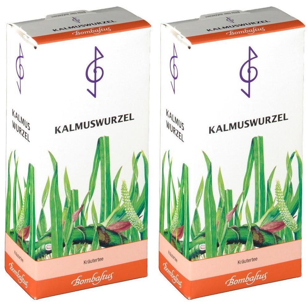 Zwei Packungen Bombastus Kalmuswurzel Kräutertee mit Abbildung von Kalmuspflanzen.