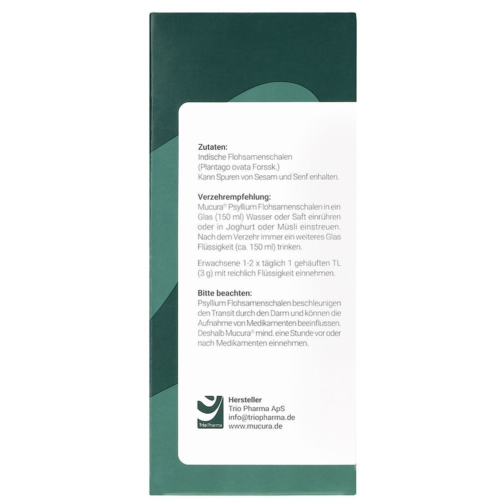 Rückseite einer Packung mucura® Flohsamenschalen Pulver mit Zutatenliste und Anwendungsempfehlung.