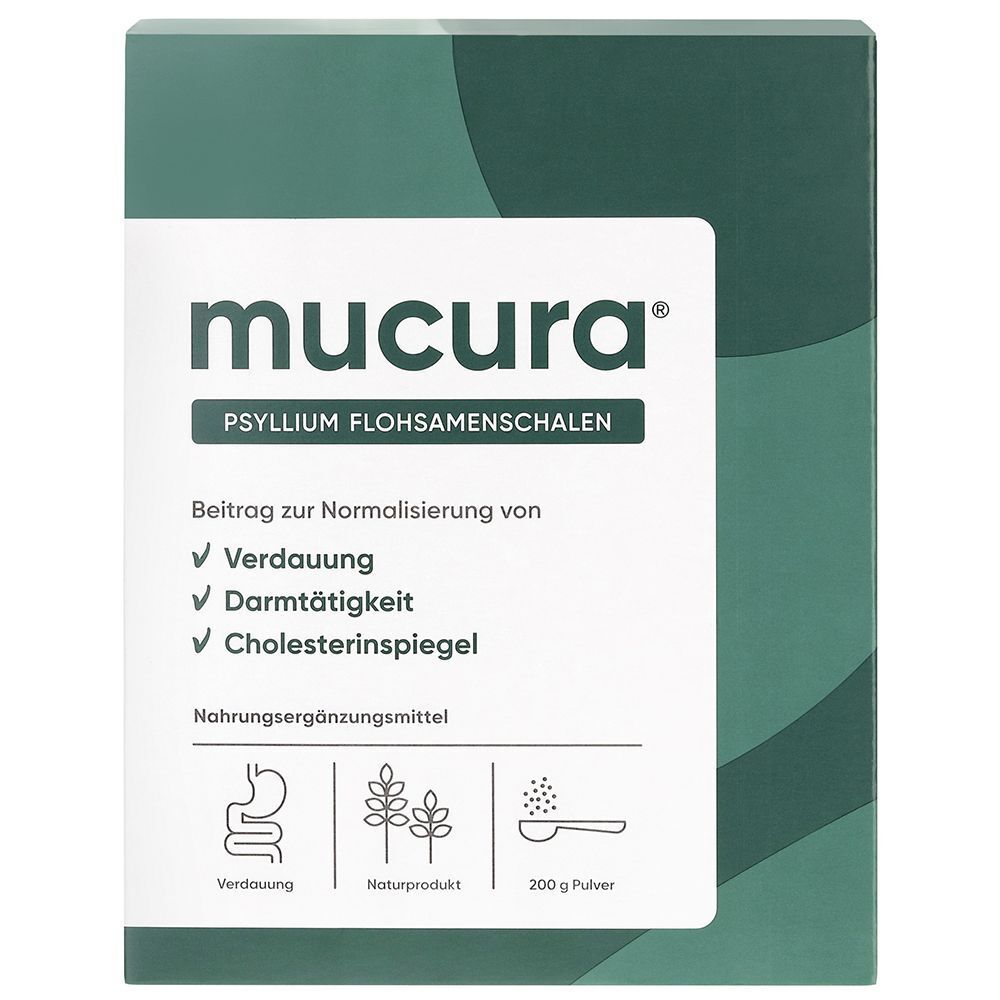 Einzelne Packung mucura® Flohsamenschalen Pulver. Vorderseite zeigt Produktname, Vorteile und Icons für Verdauung, Naturprodukt, 200g Pulver.