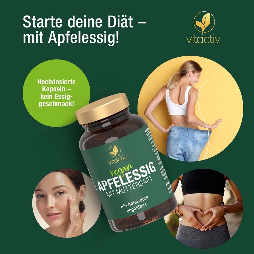 Werbebild mit einer Flasche Apfelessig Kapseln. Personen zeigen Diät- und Hautpflege-Effekte. Text: Starte deine Diät - mit Apfelessig!