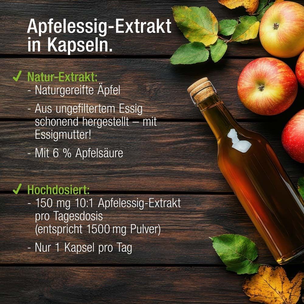 Holzbrett mit Äpfeln und einer Flasche Apfelessig. Text: Apfelessig-Extrakt in Kapseln. Natur-Extrakt, hochdosiert.