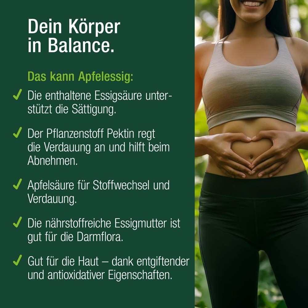 Frau hält Hände über dem Bauch. Text: Dein Körper in Balance. Vorteile von Apfelessig: Verdauung, Haut, Darmflora.