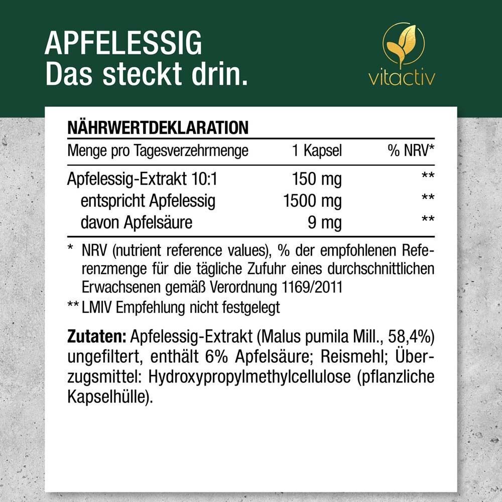 Nährwertdeklaration für Apfelessig Kapseln. Text: Menge pro Tagesverzehrmenge, Apfelessig-Extrakt, Apfelsäure. Zutaten.