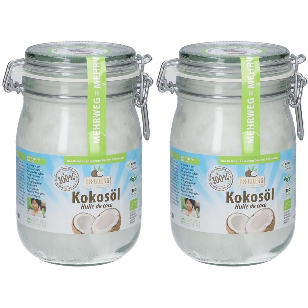 Zwei Gläser Bio-Kokosöl mit Bügelverschluss. Aufschrift: Kokosöl, Huile de coco. Grüne Etiketten mit Text.