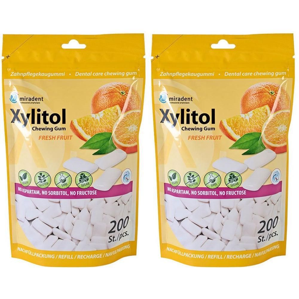 Miradent Xylitol Chewing Gum fresh fruit Refill 2x 2x200 St Kaugummi