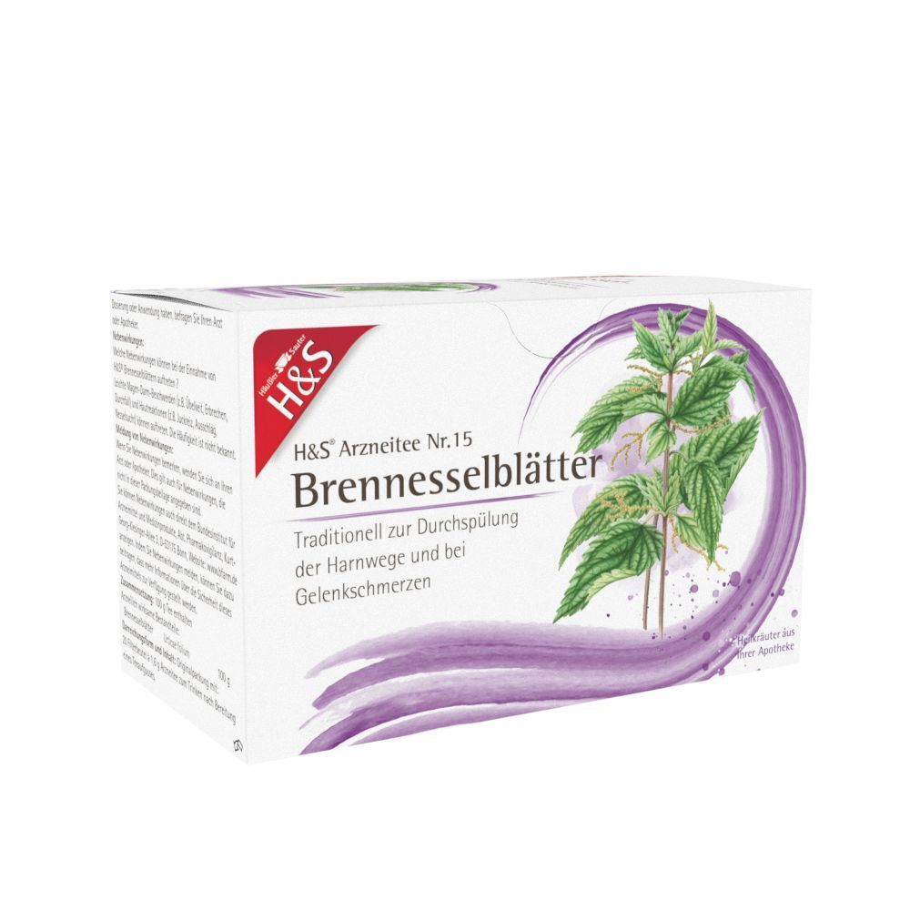 Packung H&S Brennnesselblätter Nr. 15 Tee mit Illustration einer Brennnesselpflanze und Textinformationen.