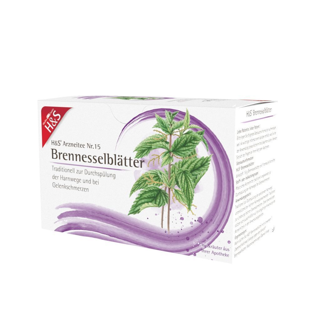 Seitenansicht der Packung H&S Brennnesselblätter Nr. 15 Tee mit Illustration einer Brennnesselpflanze.