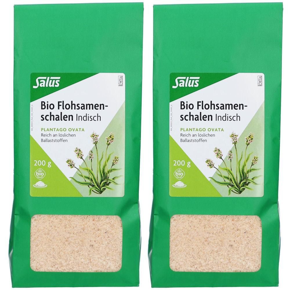 Zwei grüne Packungen Salus Bio Flohsamenschalen Indisch mit Sichtfenster, 200g.