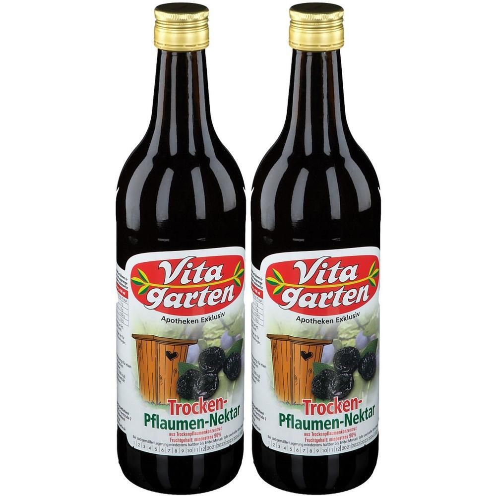 Zwei Flaschen Vita Garten Trocken Pflaumen Nektar mit goldenen Verschlüssen.