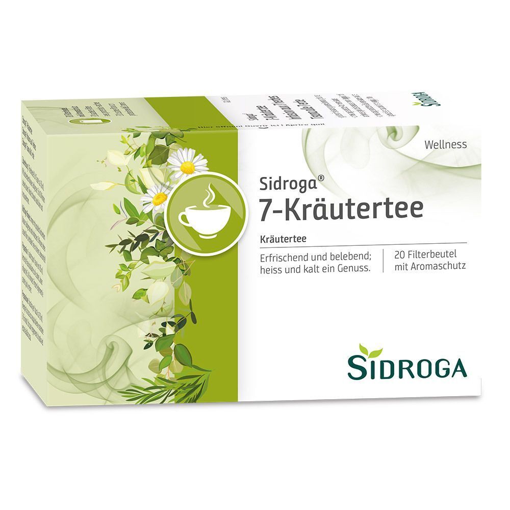 Teepackung. Aufschrift: Sidroga 7-Kräutertee. 20 Filterbeutel mit Aromaschutz. Wellness-Logo. Kräuter-Illustrationen.