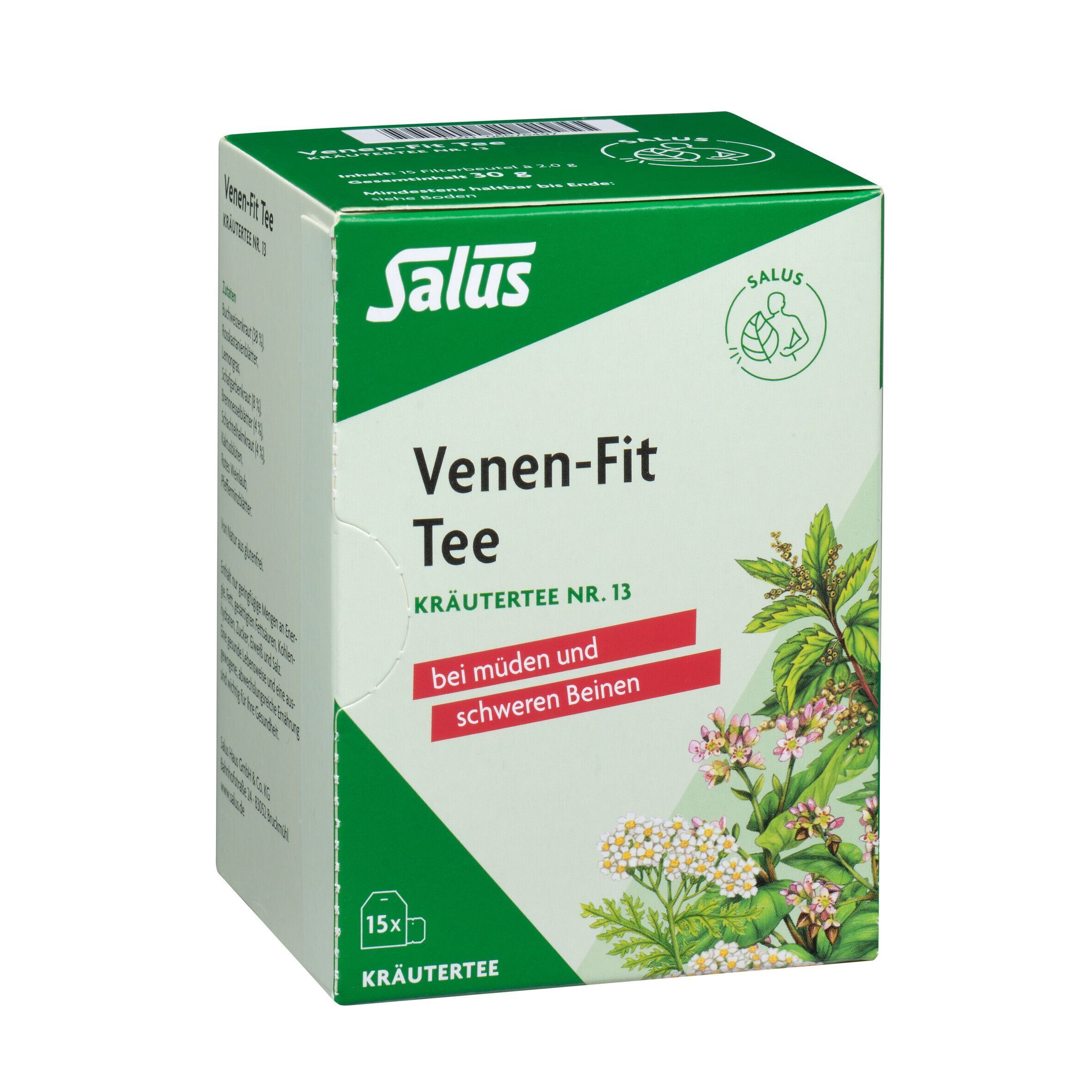 Salus® Venen-Fit Tee Karton. Aufschrift: Venen-Fit Tee, Kräutertee Nr. 13, bei müden und schweren Beinen. 15 Teebeutel.