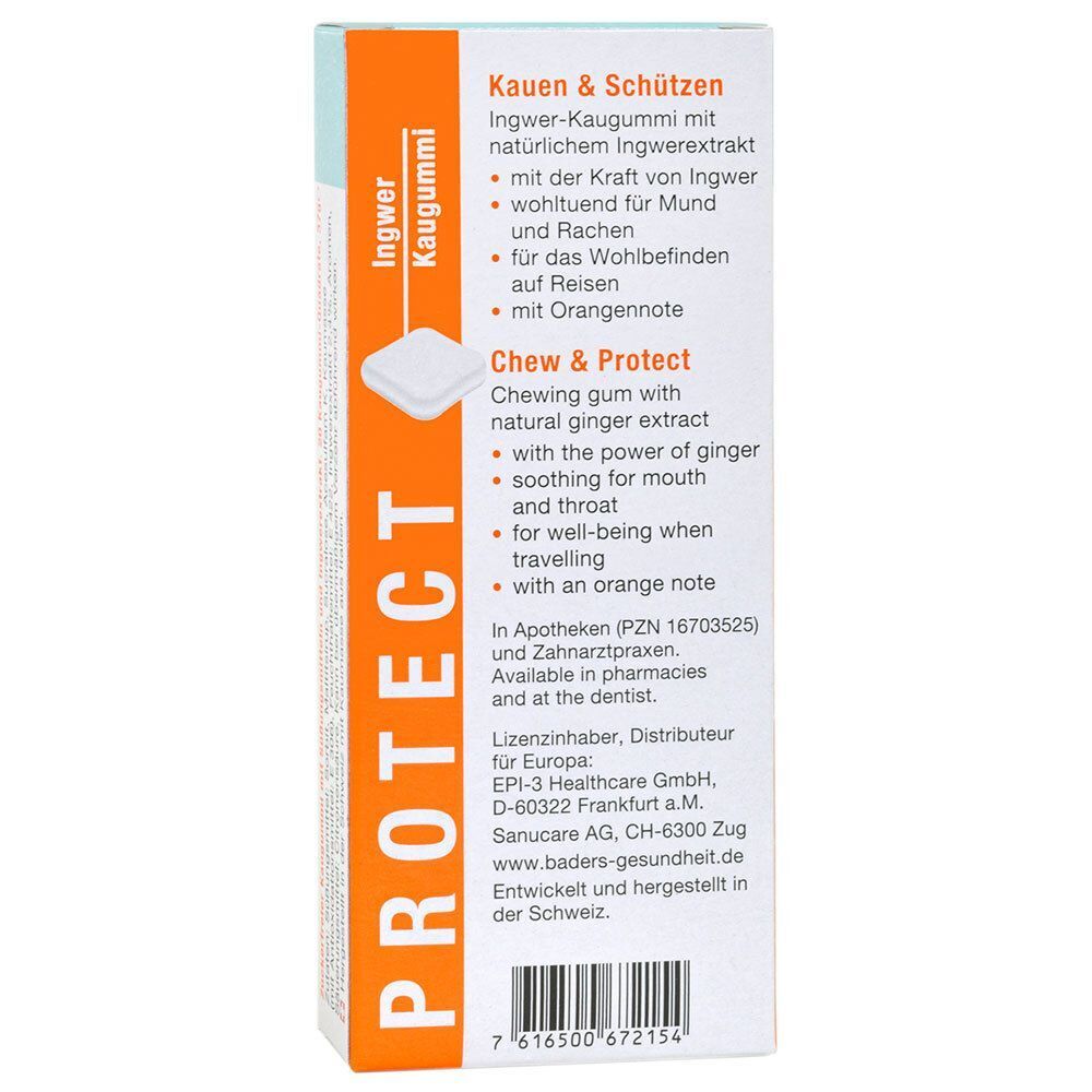 Seitenansicht einer Packung Ingwer Kaugummi. Text: Kauen & Schützen, Chew & Protect. Informationen zu Inhaltsstoffen und Hersteller.