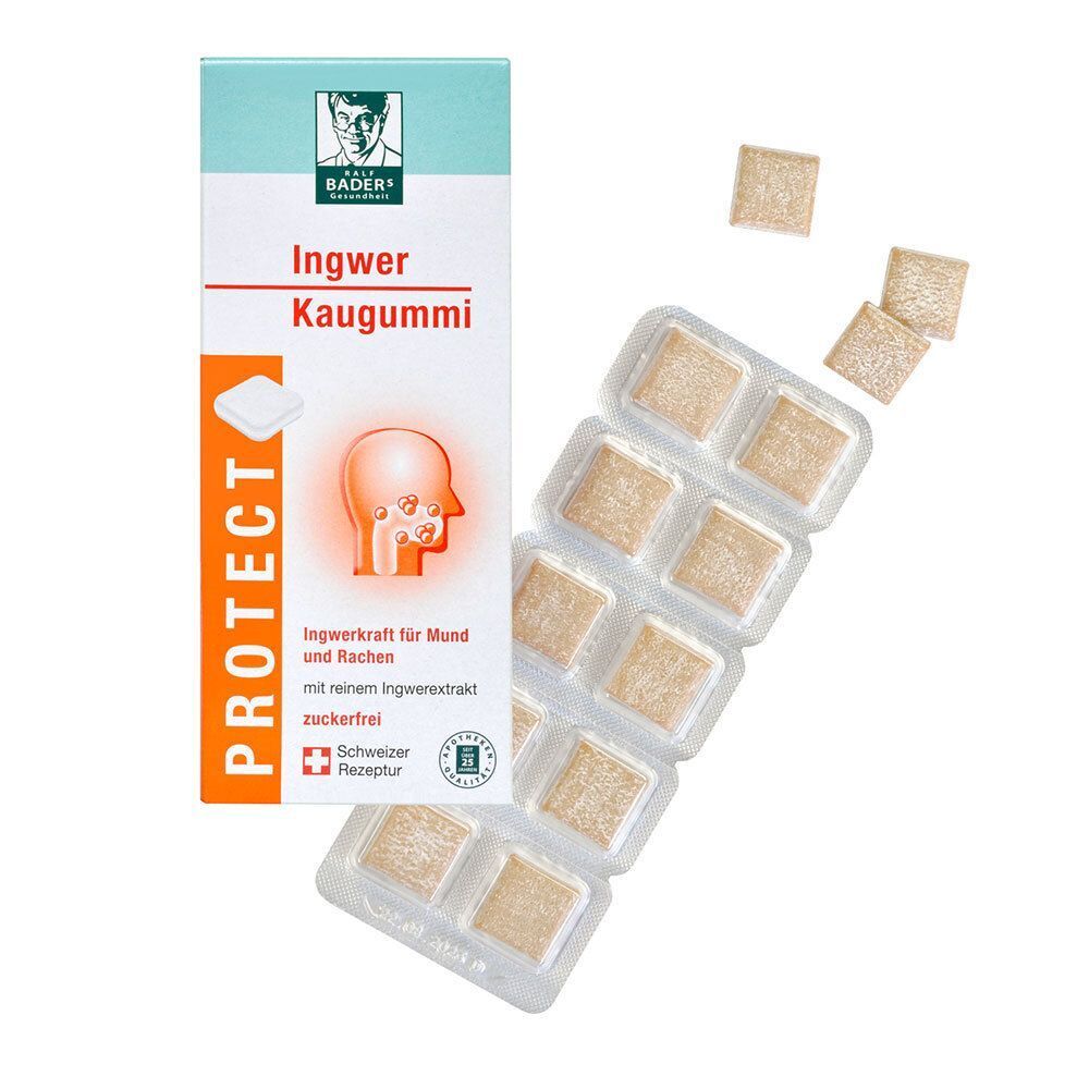 Packung Ingwer Kaugummi und einzelne Kaugummis. Kaugummis in Blisterverpackung und lose daneben. Produktname und Logo sichtbar.