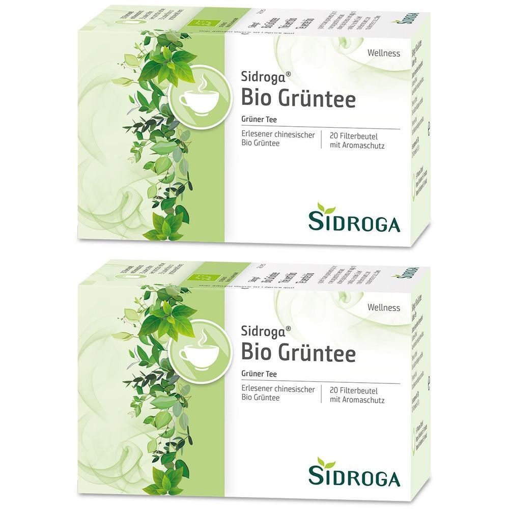 Zwei Packungen SIDROGA Bio Grüner Tee. Jede Packung zeigt das Produkt, den Markennamen und die Bezeichnung "20 Filterbeutel mit Aromaschutz".