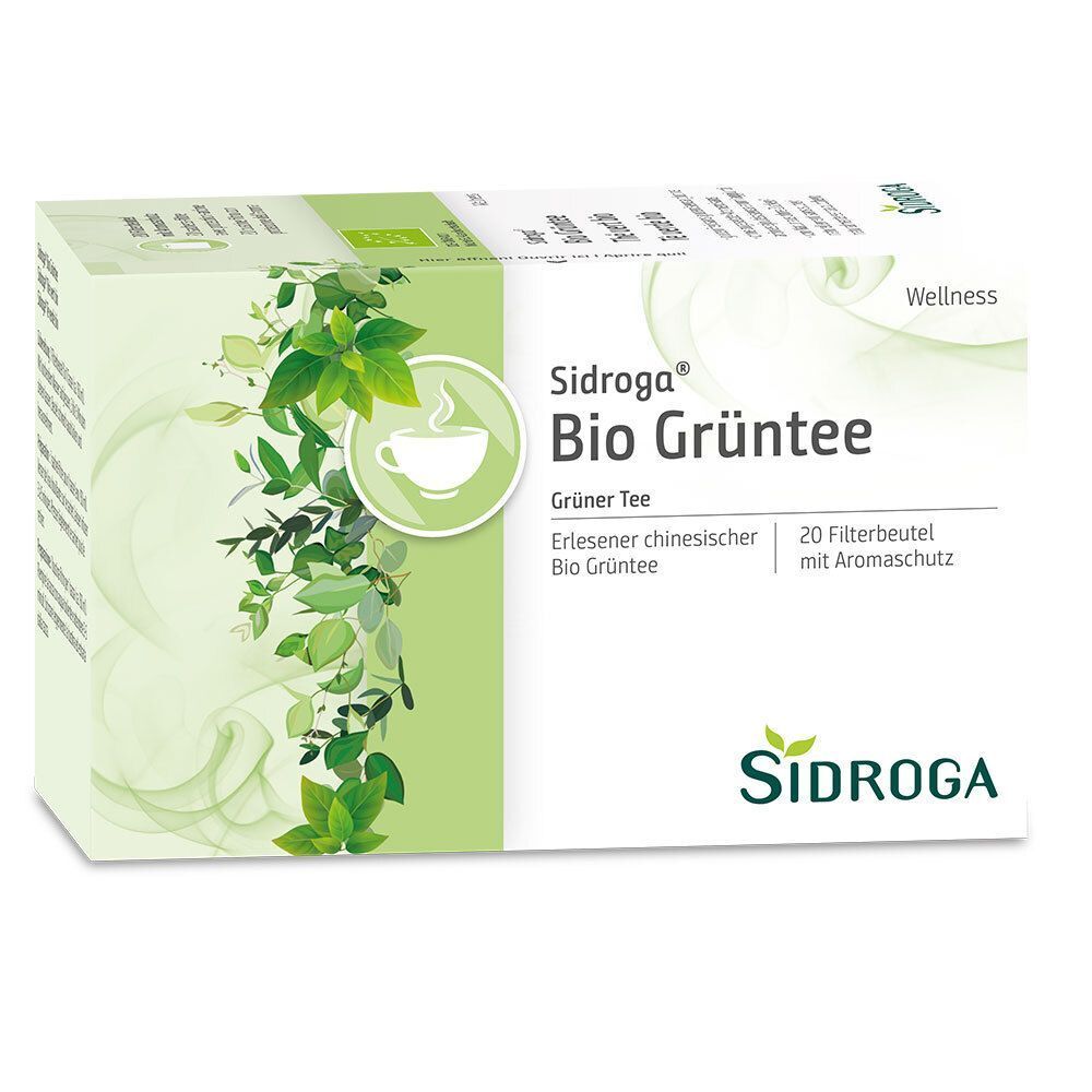 Eine Packung SIDROGA Bio Grüner Tee. Auf der Verpackung sind Produktname, Marke und die Angabe "20 Filterbeutel mit Aromaschutz" zu sehen.