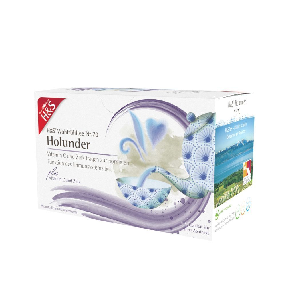 H&S Holunder Tee-Packung. Weißer Karton mit Produktnamen und Illustrationen. Rote Logo-Ecke. Perspektivische Ansicht.