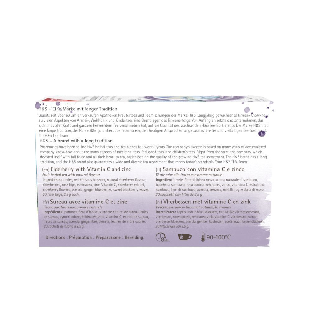 Rückseite der H&S Holunder Tee-Packung. Text in mehreren Sprachen. Informationen zu Inhaltsstoffen und Zubereitung.