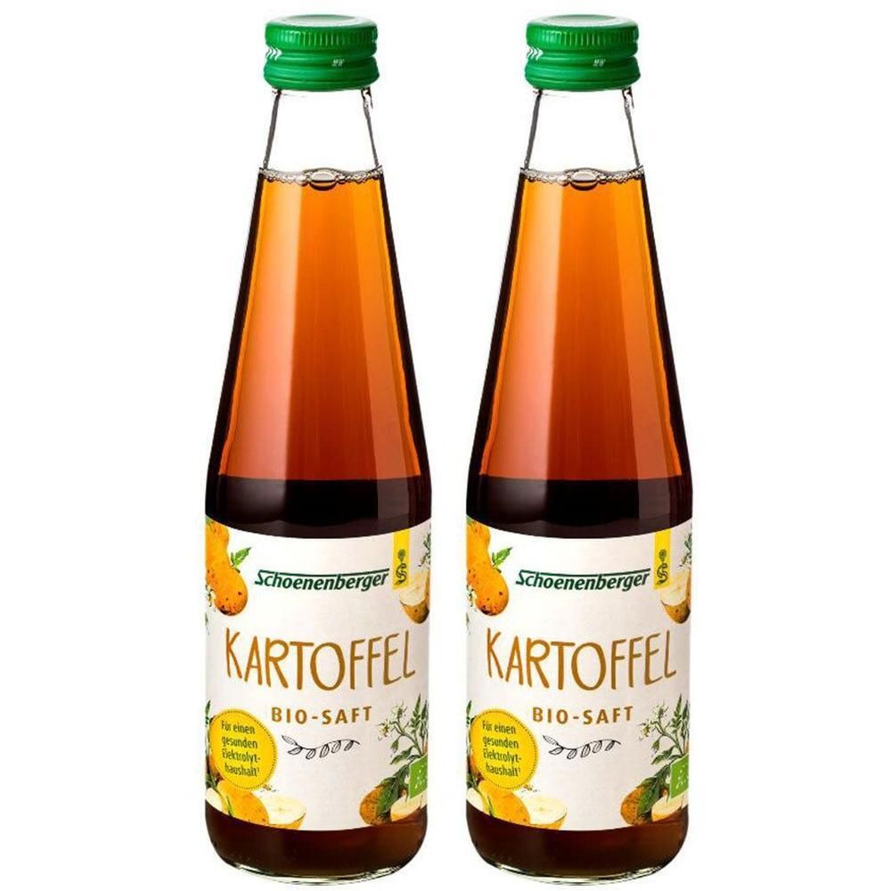 Zwei Flaschen Schoenenberger Kartoffel Bio-Saft mit grünen Schraubverschlüssen. Klare Flüssigkeit in Glasflaschen.