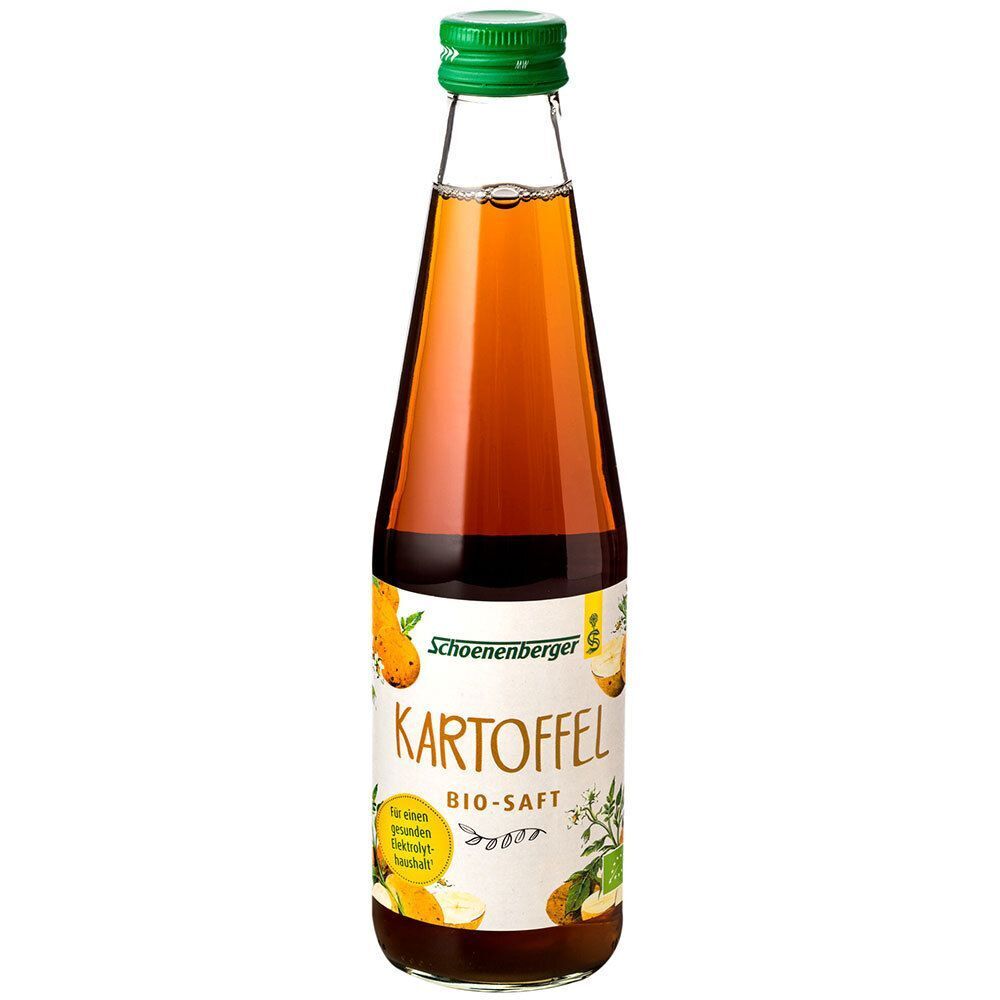 Eine Flasche Schoenenberger Kartoffel Bio-Saft mit grünem Schraubverschluss. Klare Flüssigkeit in einer Glasflasche.