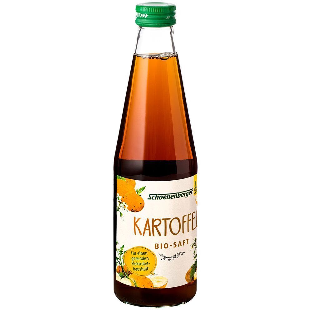 Eine Flasche Schoenenberger Kartoffel Bio-Saft mit grünem Schraubverschluss. Klare Flüssigkeit in einer Glasflasche.