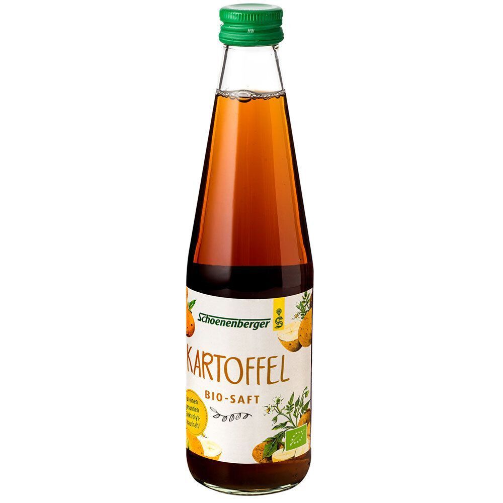 Eine Flasche Schoenenberger Kartoffel Bio-Saft mit grünem Schraubverschluss. Klare Flüssigkeit in einer Glasflasche.