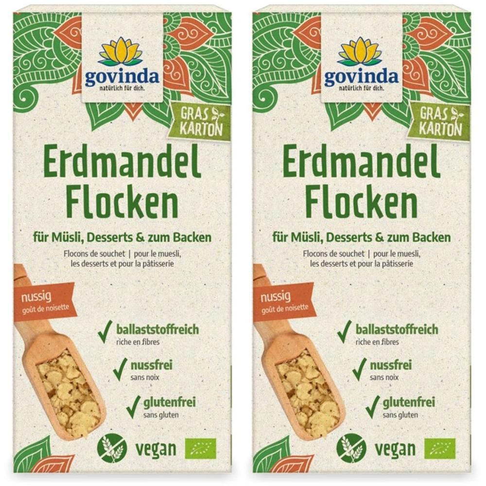 Govinda Erdmandel Flocken Packung mit zwei Kartons, vegan und glutenfrei.