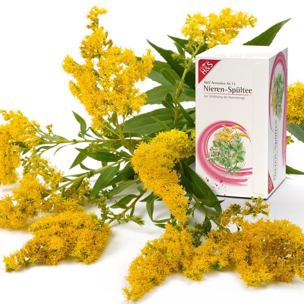 H&S Nieren-Spültee Packung umgeben von gelben Blüten und grünen Blättern.