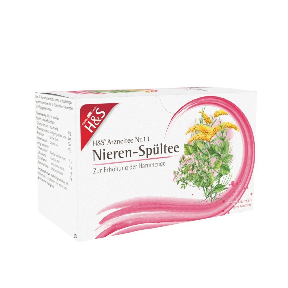 H&S Nieren-Spültee Packung mit Kräuterabbildung und detaillierten Anwendungshinweisen.
