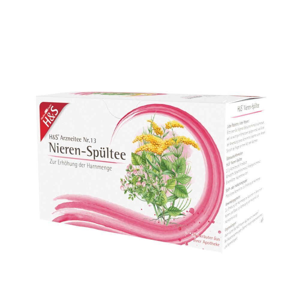 H&S Nieren-Spültee Packung von der Seite mit Kräuterabbildung und Text.