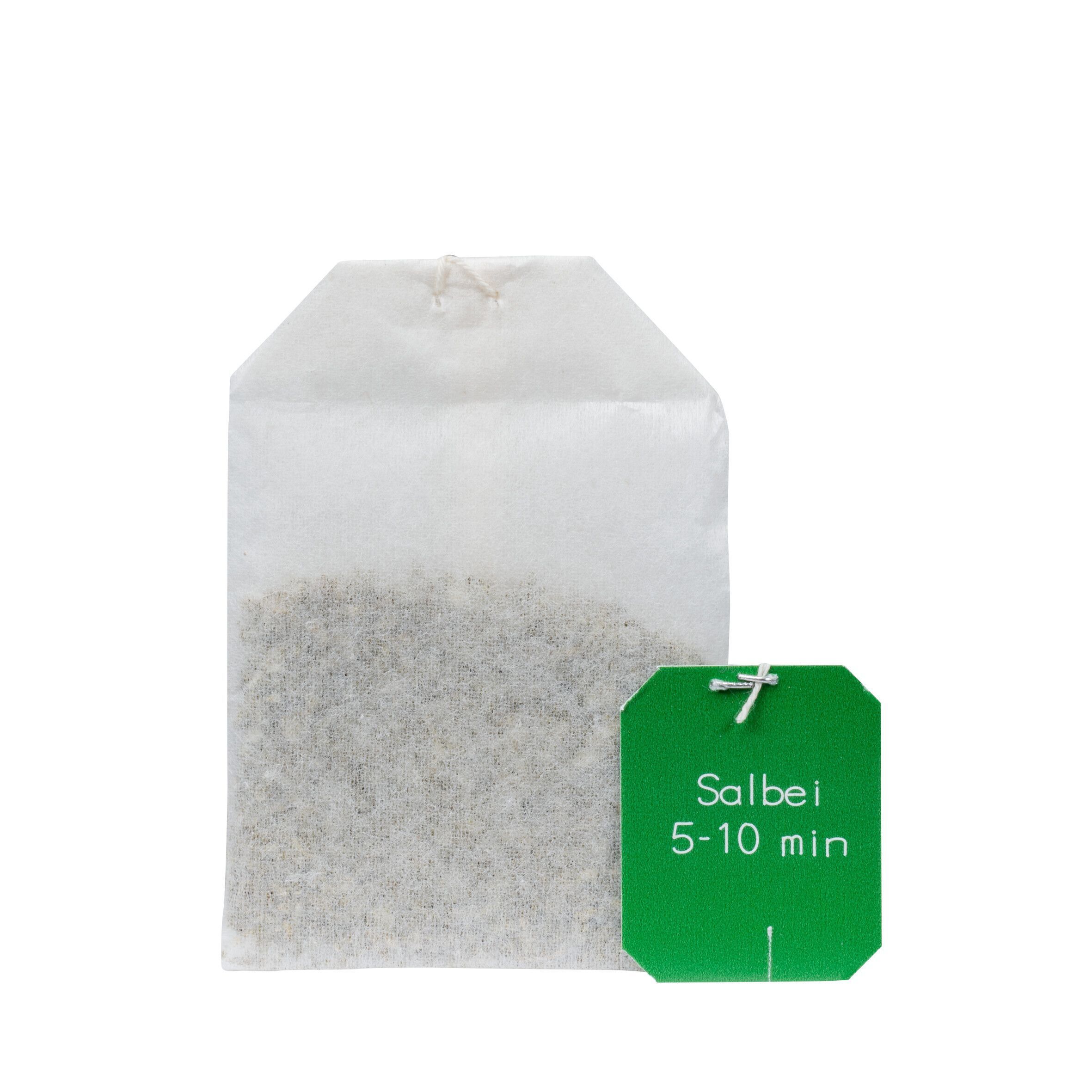 Teebeutel mit grünem Etikett. Etikett mit Text: Salbei, 5-10 min. Filterbeutel mit Salbeiblättern.