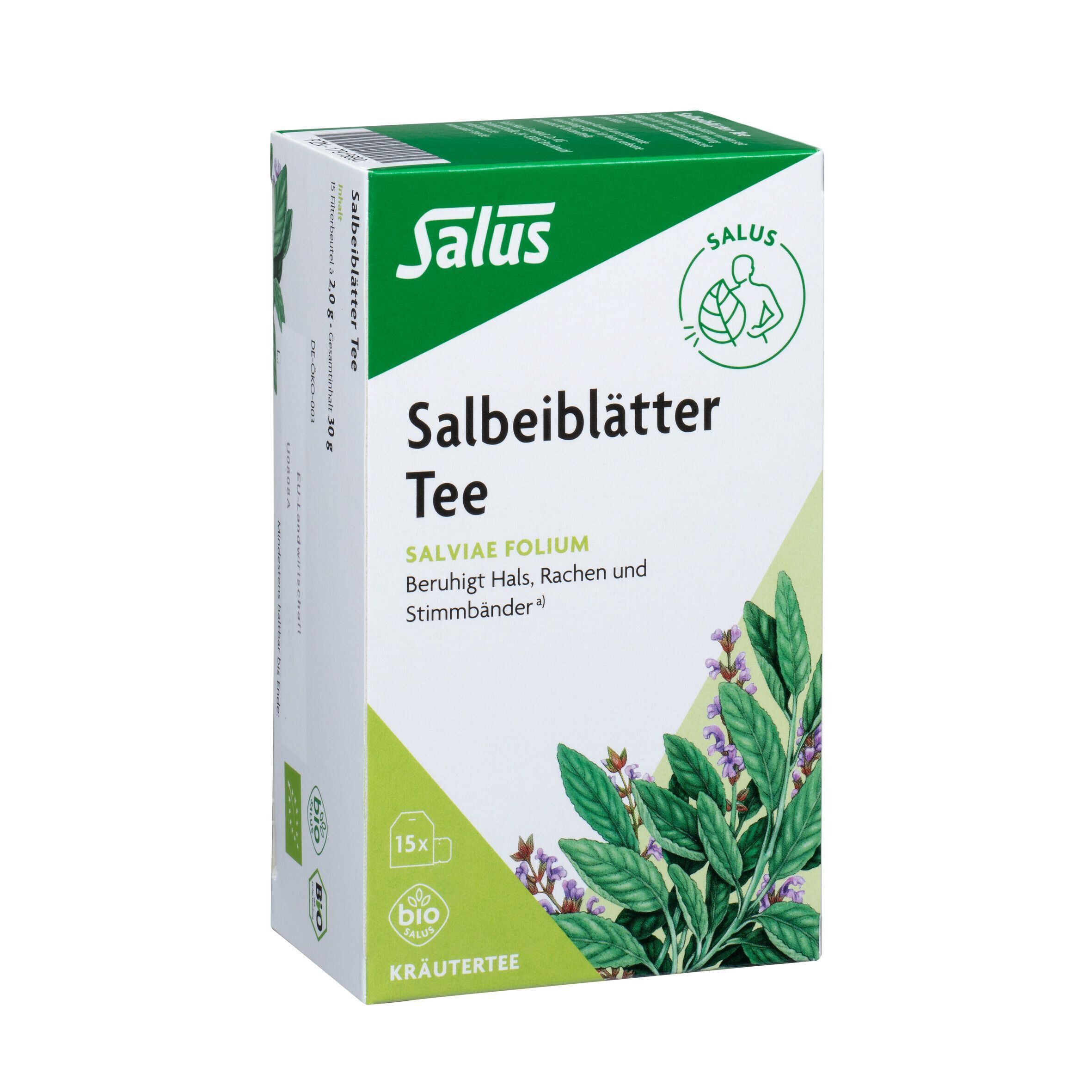 Salbeiblätter Tee Bio Salus Filterbeutel Verpackung. Grün-weiße Schachtel mit Produktinformationen und Logo.