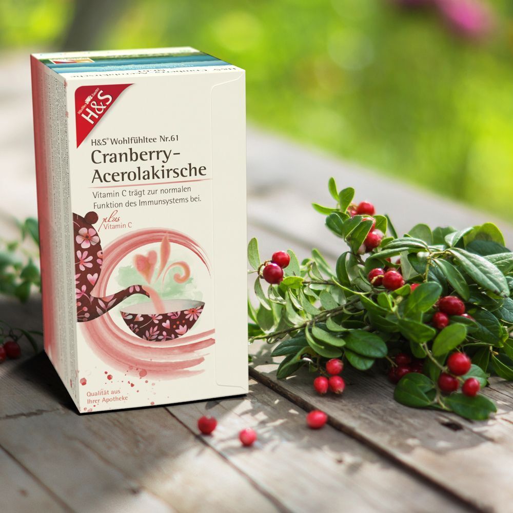 H&S Cranberry-Acerolakirsche Tee-Packung. Auf Holz, neben Zweig mit Cranberries. Produktname deutlich sichtbar.