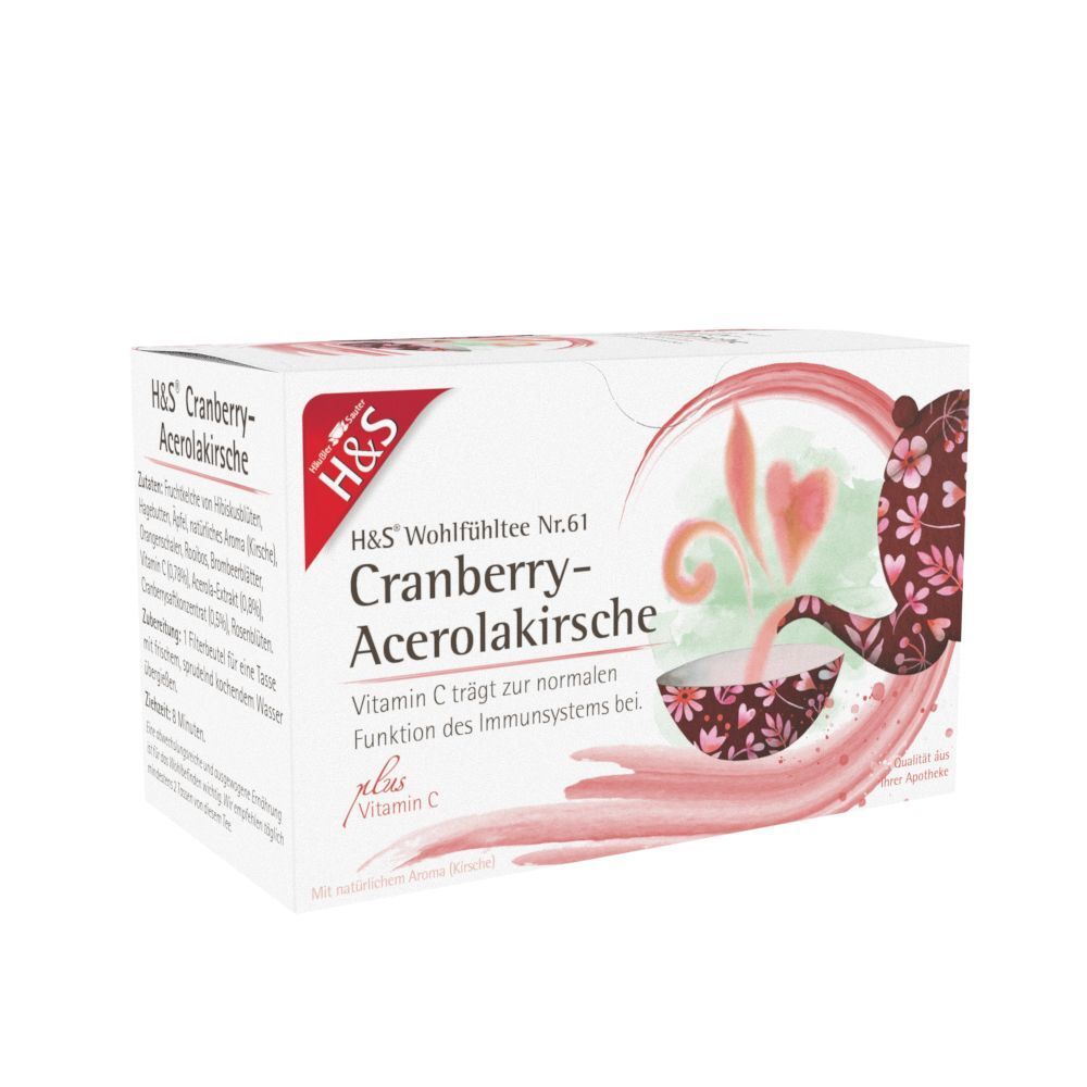 H&S Cranberry-Acerolakirsche Tee-Packung. Weiße Verpackung mit Produktnamen und Illustration.