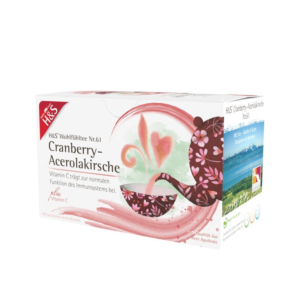 H&S Cranberry-Acerolakirsche Tee-Packung. Weiße Verpackung mit Produktnamen und Illustration. Ansicht schräg.
