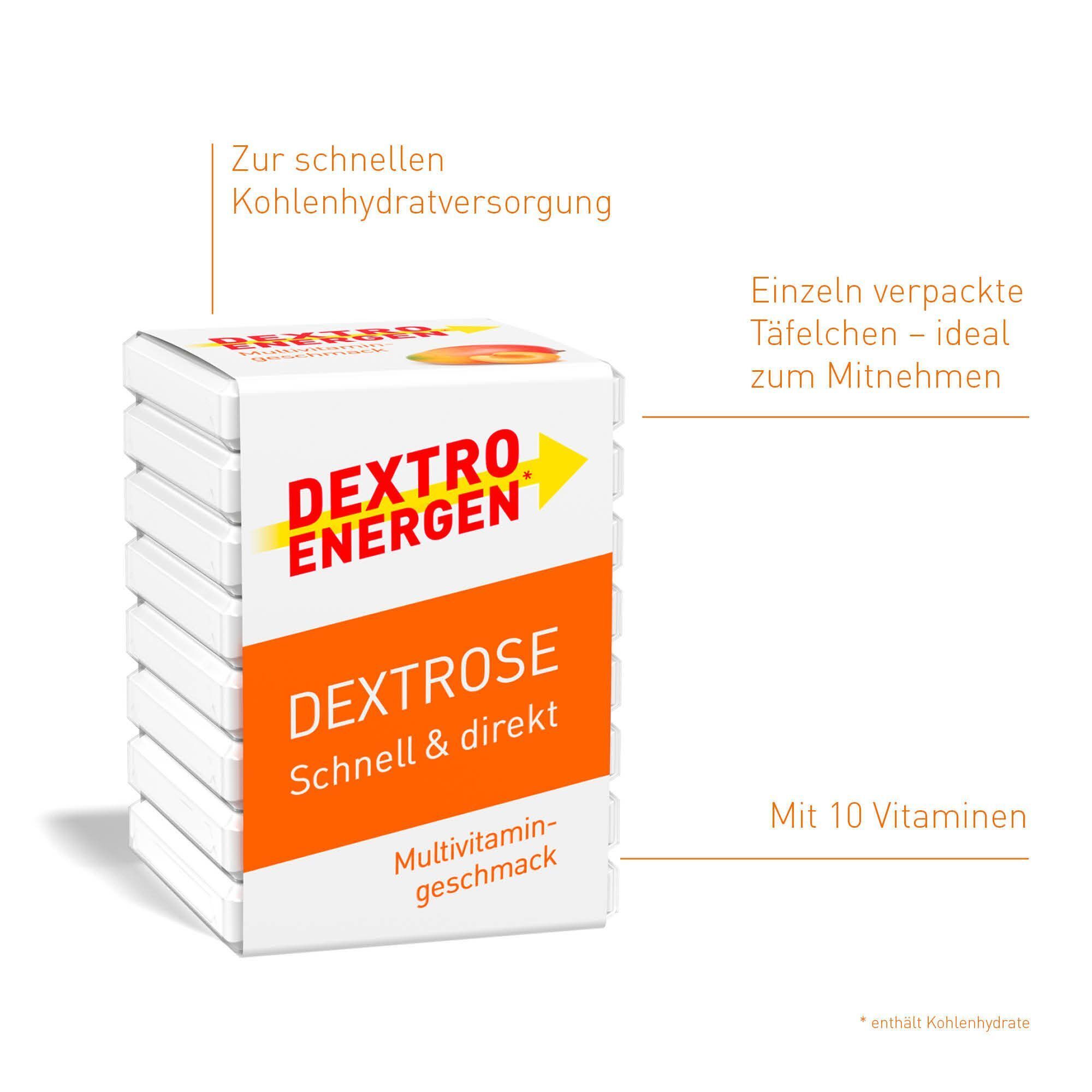 Packung DEXTRO ENERGEN Multivitamin Würfel. Weiße Verpackung mit orangefarbenem Streifen und gelbem Pfeil. Schriftzug DEXTROSE. Einzeln verpackt.