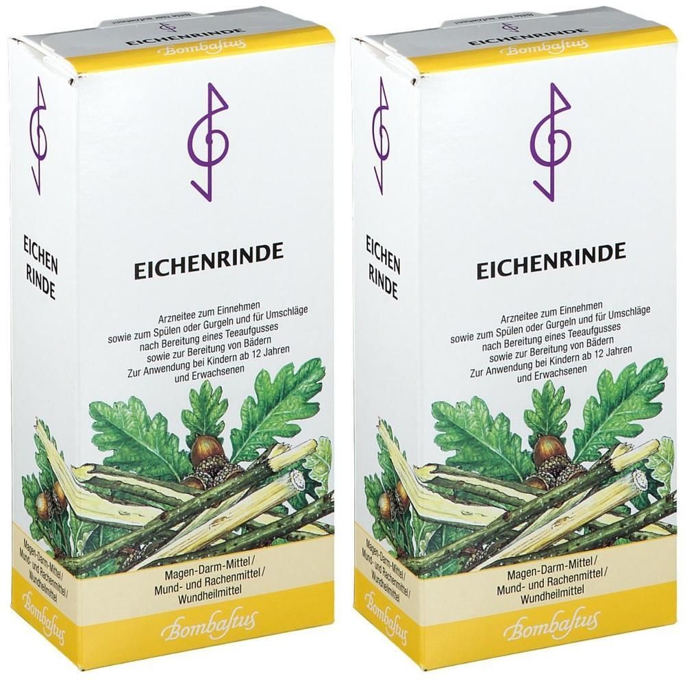 Zwei Packungen Eichenrinde Arzneitee mit Abbildung von Eichenblättern und Eicheln.