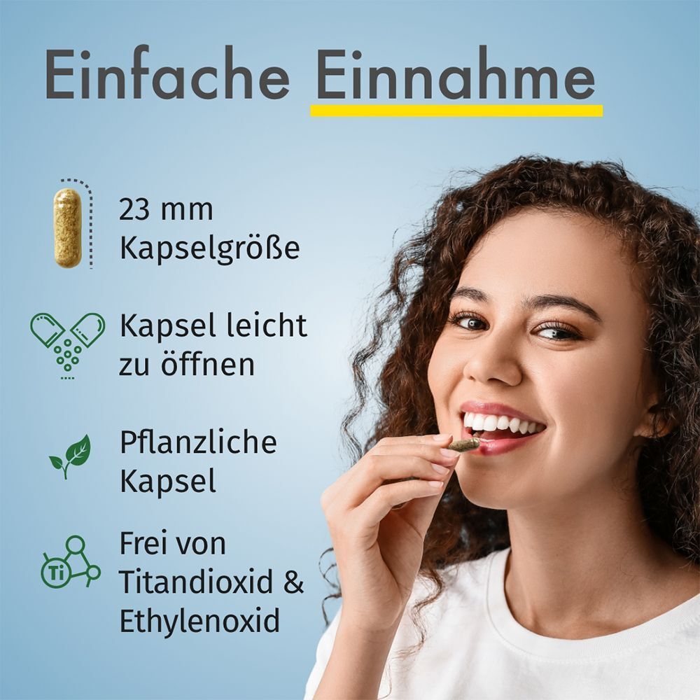Frau nimmt Kapsel. Text: 23 mm Kapselgröße, Kapsel leicht zu öffnen, pflanzliche Kapsel, frei von Titandioxid & Ethylenoxid.