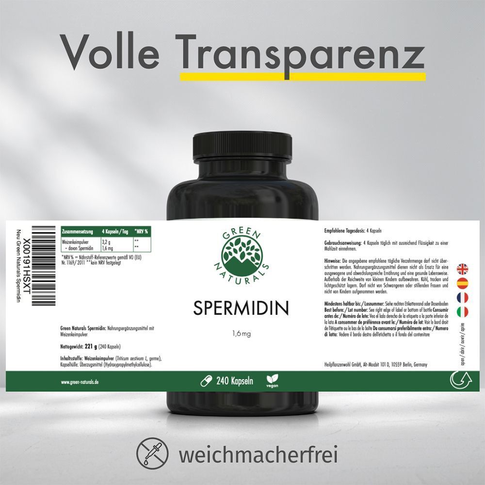 Flasche GREEN NATURALS Spermidin 1,6 mg vegan. Rückseite mit Informationen. Text: 240 Kapseln. Weichmacherfrei.