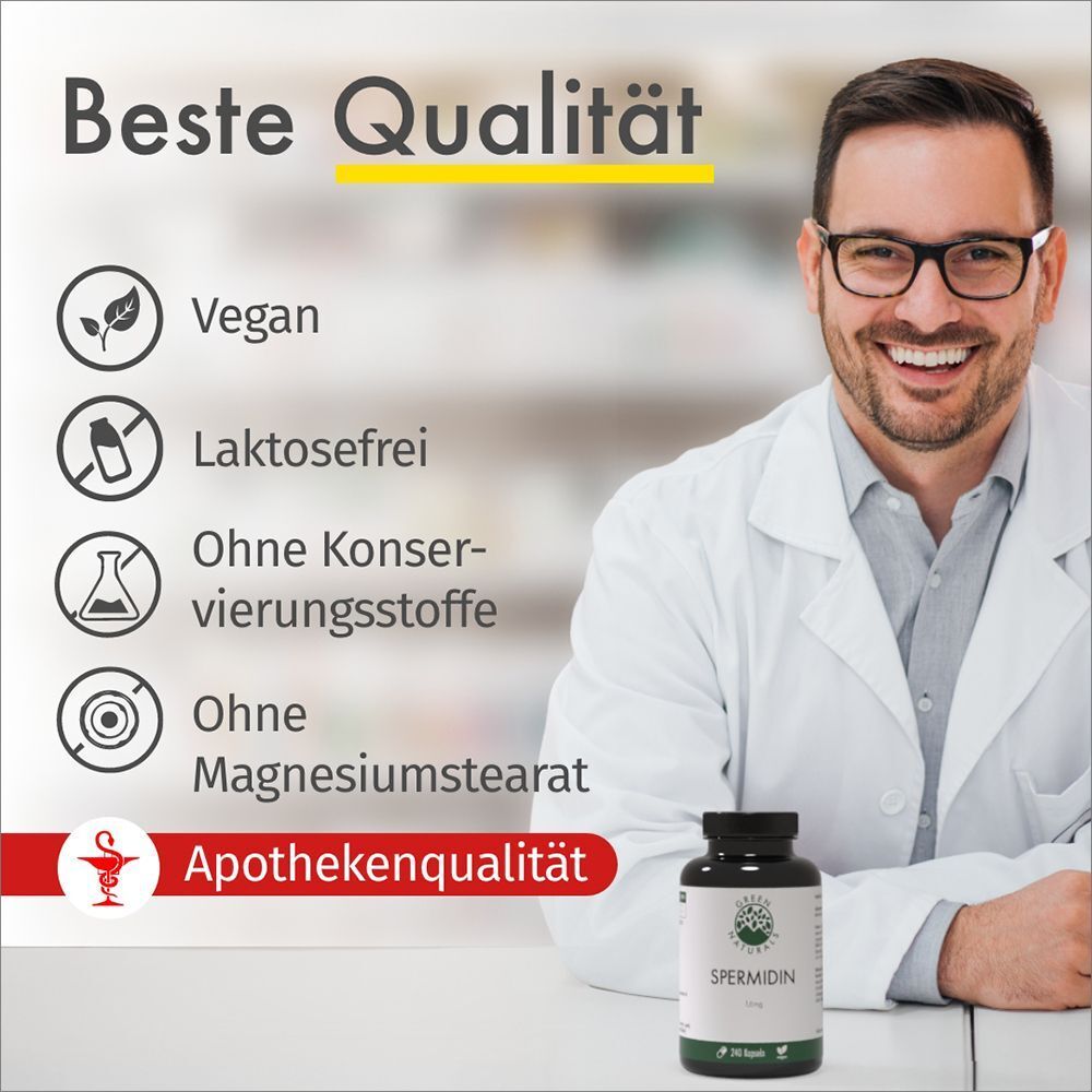 Mann im weißen Kittel. Text: Vegan, laktosefrei, ohne Konservierungsstoffe, ohne Magnesiumstearat. Apothekenqualität.
