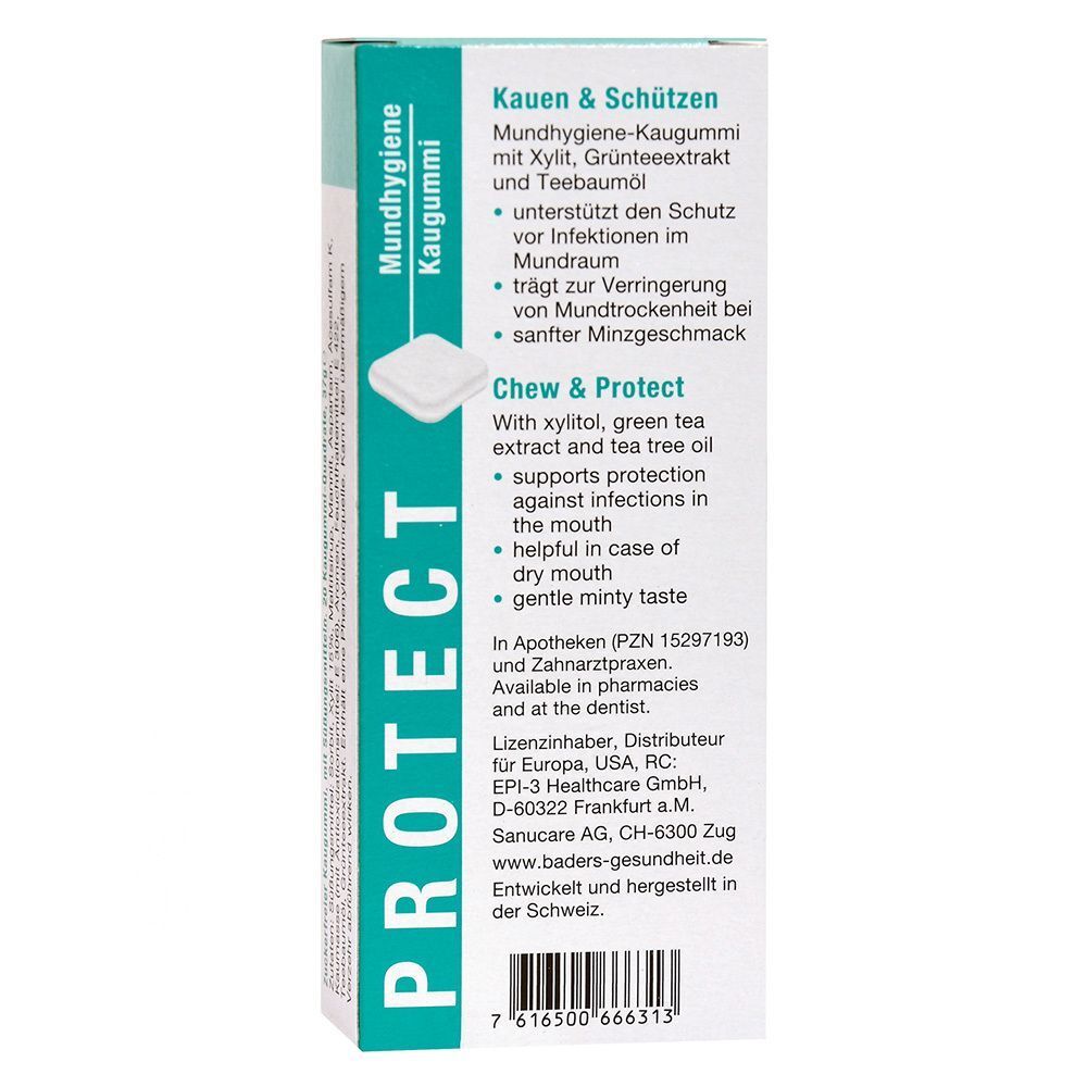 Verpackung Mundhygiene Kaugummi. Text und Logo auf grün-weißem Hintergrund. Enthält Kaugummi-Informationen und Herstellerangaben.