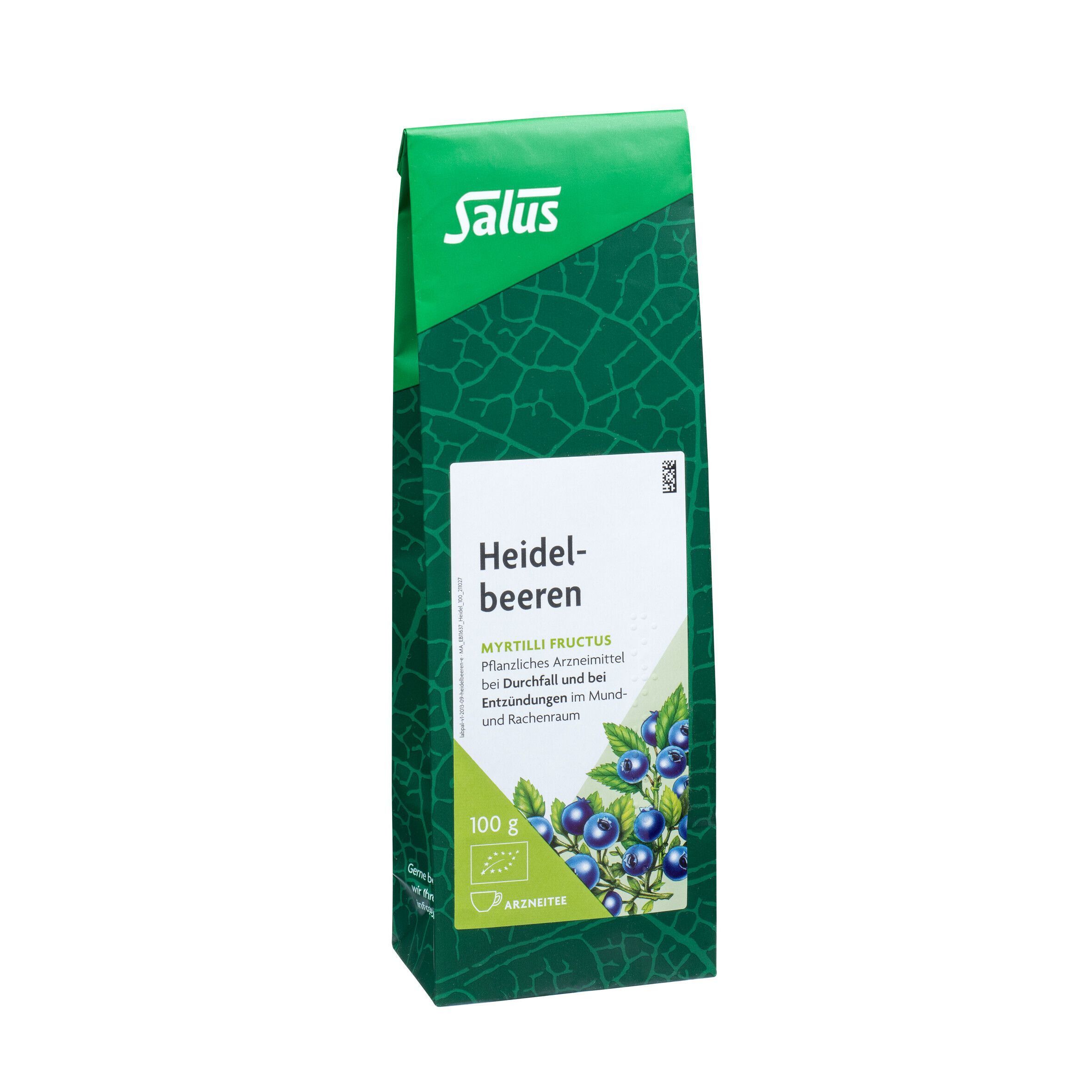 Eine Packung Salus Heidelbeeren Arzneitee, 100g. Zeigt Blaubeeren und Blätter. Mit Bio- und Arzneitee-Siegel.