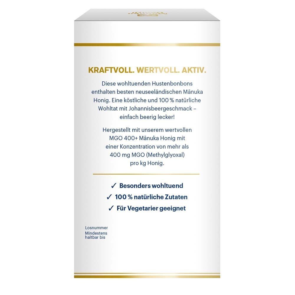 Rückseite der Hustenbonbon-Verpackung. Text: Kraftvoll. Wertvoll. Aktiv. Enthält Manuka Honig. 100% natürliche Zutaten. Für Vegetarier geeignet.
